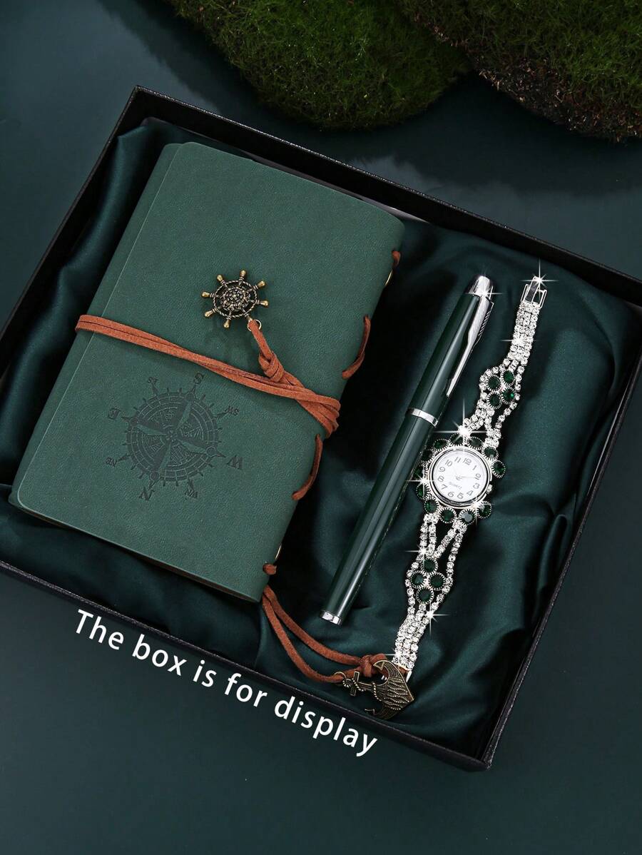 3-Piece Set: Women's Fashionable Versatile Hand Chain Quartz Wristwatch + Pen + Notebook