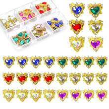 30 piezas Encantos de uñas de lujo de aleación 3D con forma de corazón, pedrería de 6 colores, piedras preciosas doradas para decoración de arte de uñas, accesorios para mujeres