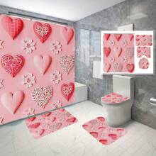 Juego de 4 piezas de cortina de ducha con estampado de flores, cortina de ducha de lujo con flores para la temporada de bodas, cortina de ducha personalizada con amor y rosas, cortina de ducha de tela de poliéster con 12 ganchos, alfombra de baño antideslizante y de secado rápido, alfombra para el inodoro, alfombra de baño, alfombra en forma de U antideslizante, decoración de boda