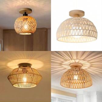 1pc Woven Straw Bird Cage Pendant Light, Rattan Ceiling Lamp For Living Room, Dining Room, Balcony, Hallway