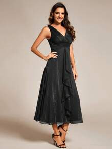 EVERPRETTY Glitter Sleeveless A-Line Ruffled Hem Wedding Guest Dress, Bridesmaid Dress - Black - View 4