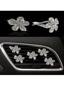 5pcs Crystal Diamond 5-Petal Flower Car Air Vent Clip, Elegant Car Decor