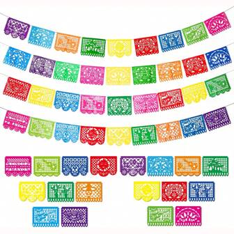 4packs Mexican Party Banners, 60Ft Carnival Plastic Paper Banner For May 5th Day Of The Dead Decorations Mexican Carnival Theme Party Supplies