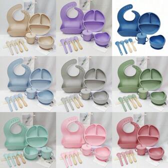 8pcs/6pcs/3pcs/2pcs Baby Feeding Essential Set, Children Tableware, 3-Compartment Silicone Smile Face Plate, Bib, Straw Cup, Wooden Handle Soft Fork & Spoon, Anti-Drop Multi-Color Baby Dinnerware Set, Convenient For Daily Use And Outdoor, Ideal Gift For Infants, Valentine's Day
