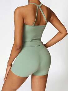 MASKERT Spring And Summer Women's Sports Suit Vest Fitness Suit Tight Running Suit High Stretch Fitness Yoga Suit Home Casual Comfortable Skin Friendly - Mist Green - View 3