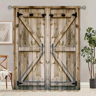 2 Pcs Polyester Vintage Wood Door Patchwork Printed Blackout Curtains, Suitable For Bedroom, Living Room, Office And Home Decor, Rod Pocket Design For Rod