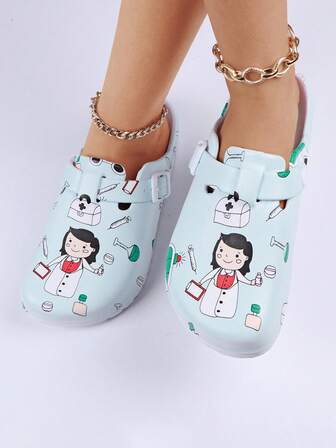 Women's Fashionable Adjustable Buckle Printed Slippers, Indoor Casual Soft Bottom Shower Flip Flops With EVA Protection