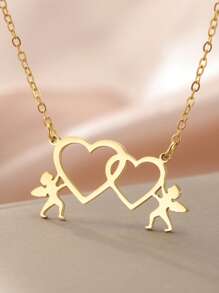 1 pieza Collar con colgante en forma de corazón de Cupido de acero inoxidable para mujer, regalo de pareja con forma de corazón de moda casual - Serie de moda - Ver 4