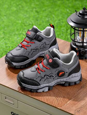 青少年防滑橡胶底登山鞋，4 季男童运动鞋，皮革鞋面防水、耐磨、透气，男童旅行鞋，学生童鞋，男童休闲鞋带防滑钩，适合徒步旅行、徒步旅行、室内和户外活动