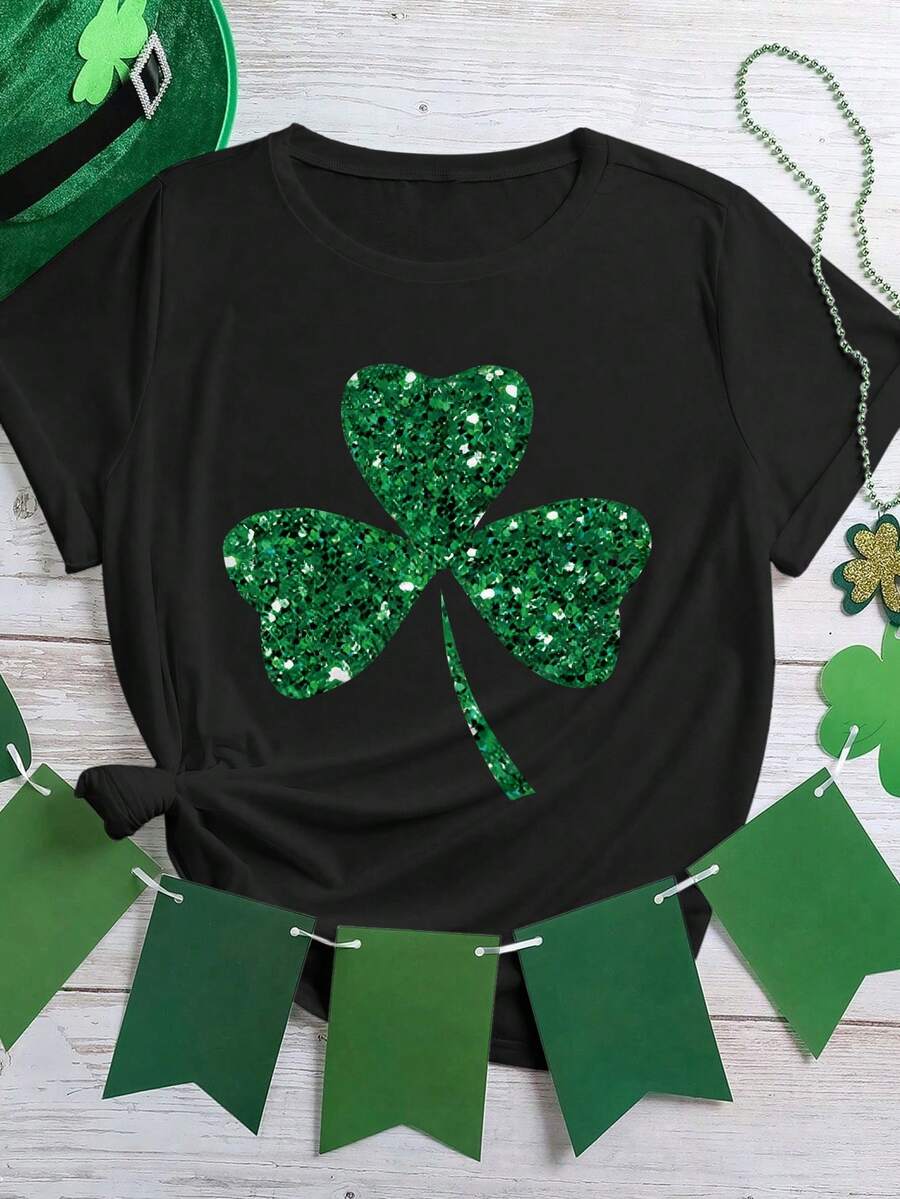 Women's St. Patrick's Day Shiny Shamrock Print Round Neck Short Sleeve Casual T-Shirt, Funny St. Patrick's Day, Suitable For All Seasons