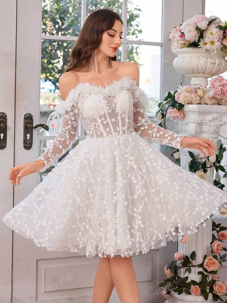 UNITHORSE UNITHORSE V-Neck Strapless Dress With Long Sleeves, Luxurious Lace Trim Decorated Skirt, Light Wedding Dress, Fishtail Waist Formal Dress,Bride, All White Party Outfit Women