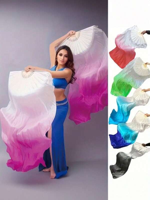 1pc Belly Dancing Fan, Gradient Color Long Imitation Silk Fans, Dance Performance Props(Artificial Manufacturing)