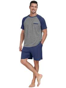 hoteel Mens Pajamas Set Shorts Pjs Lightweight Raglan Short Sleeve Crewneck T Shirts Shorts Soft Cotton Blend Sleepwear - Màu xanh hải quân - Xem 5