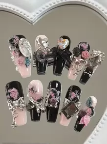 10pcs Set Handmade Coffin Shaped Nails With Rhinestones, Black & Pink Ombre Rose & Peony Flowers, Oversized Cubic Zirconia Accents - Ideal For Parties, Dates, Holidays Press On Nails