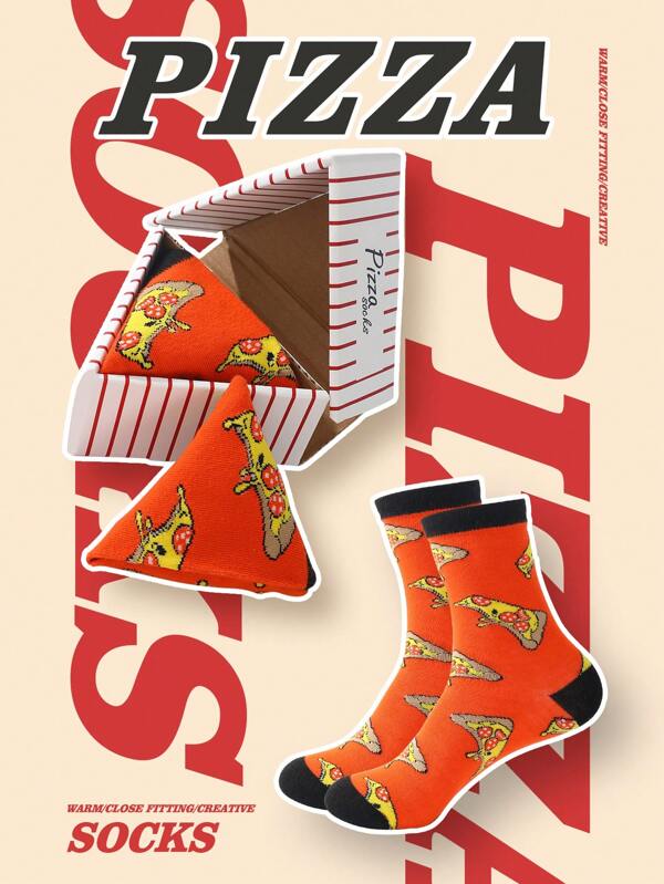 1 paire de chaussettes mi-mollet pour femme, motif pizza triangulaire créatif, douces et respirantes, idéales pour la famille et les amis, idéales pour les loisirs, la maison, les sorties, les fêtes, et toutes saisons.