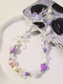 Fresh Small Beaded Bracelet With Bowknot & Purple Flower Pendant, Handmade Chain, Detachable Strap, Anti-Lost Lanyard