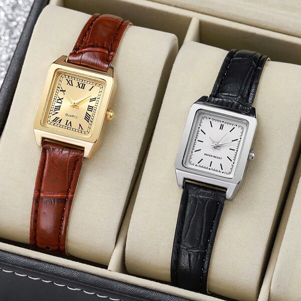 2 pièces/set Montre de luxe pour femme carrée dorée argentée, montre haut de gamme  de loisir et d'affaires, cadeau pour femmes