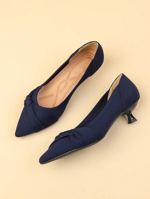 Women's Pointed Toe Low Vamp Solid Color Knit Ballet Flats, New Blue Color Bow Design Casual Plus Size 1.57" French Kitten Heels, Cute Style Goes Well With Dresses