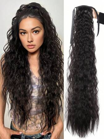 Long Curly Ponytail Extension 32 Inch Black Color Wrap Around Clip In Hair Synthetic Fiber For Women Daily Use(Straight Curly)
