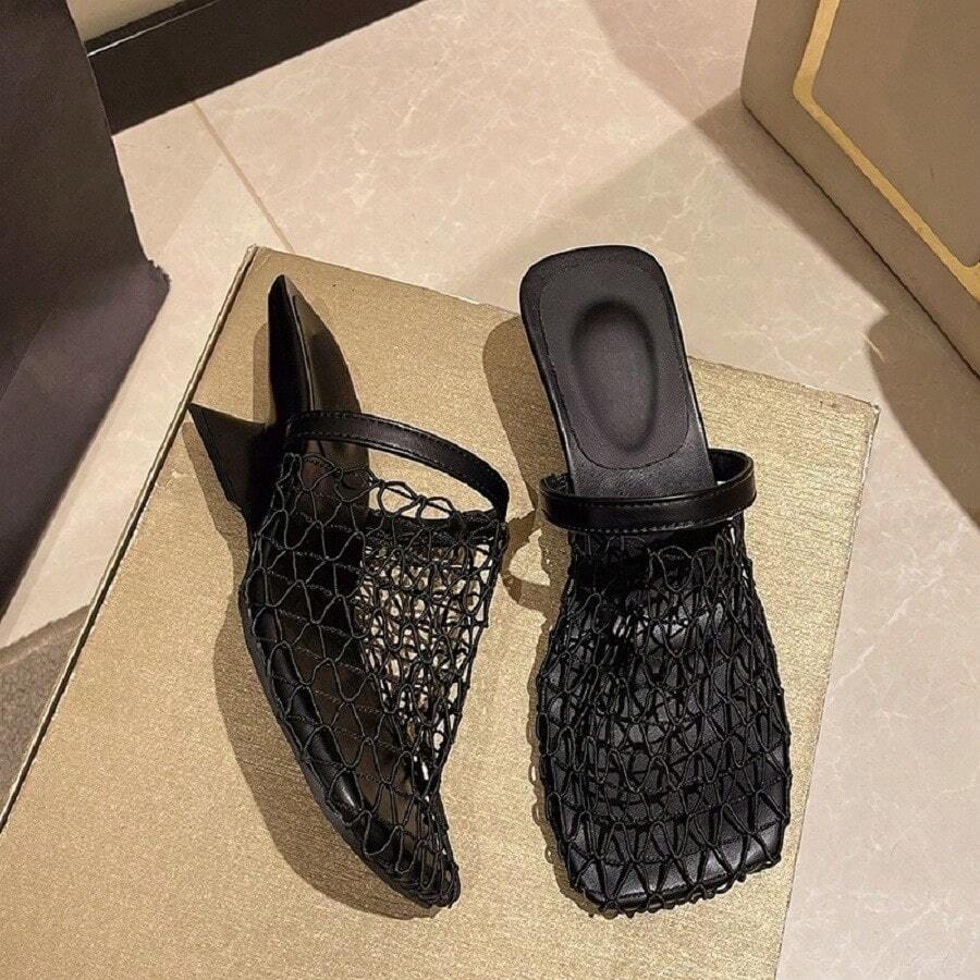Women's Square Toe Fishnet Sandals With Unique Heel And Single Strap - Stylish And Comfortable Summer Footwear - Black - View 1