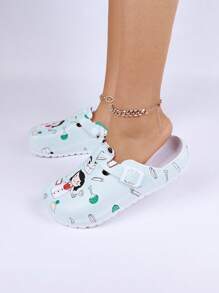 Women's Fashionable Adjustable Buckle Printed Slippers, Indoor Casual Soft Bottom Shower Flip Flops With EVA Protection