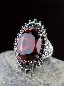 复古夸张设计优雅女士时尚椭圆形人造合成红石榴石戒指经典设计女士订婚求婚戒指生日派对周年礼物鸡尾酒宴会珠宝高端配饰