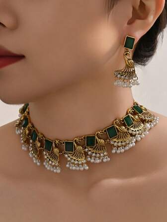 三件套奢华复古孔雀首饰套装，饰以仿珍珠流苏，适合女士婚礼、派对、日常佩戴，也可作为首饰礼品。