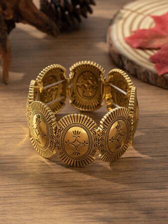 复古波西米亚风男女通用时尚简约几何雕刻锌合金电镀复古金弹力手链，适合秋冬季、日常佩戴、节日、流行中东风格