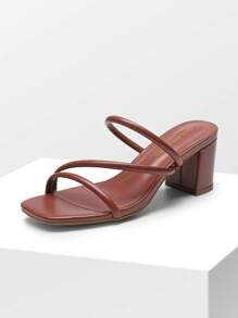Women Minimalist Chunky Heeled Mule Sandals Multi Strap Square Toe Slip On Comfortable Summer Sandals - 棕色 - 查看 1