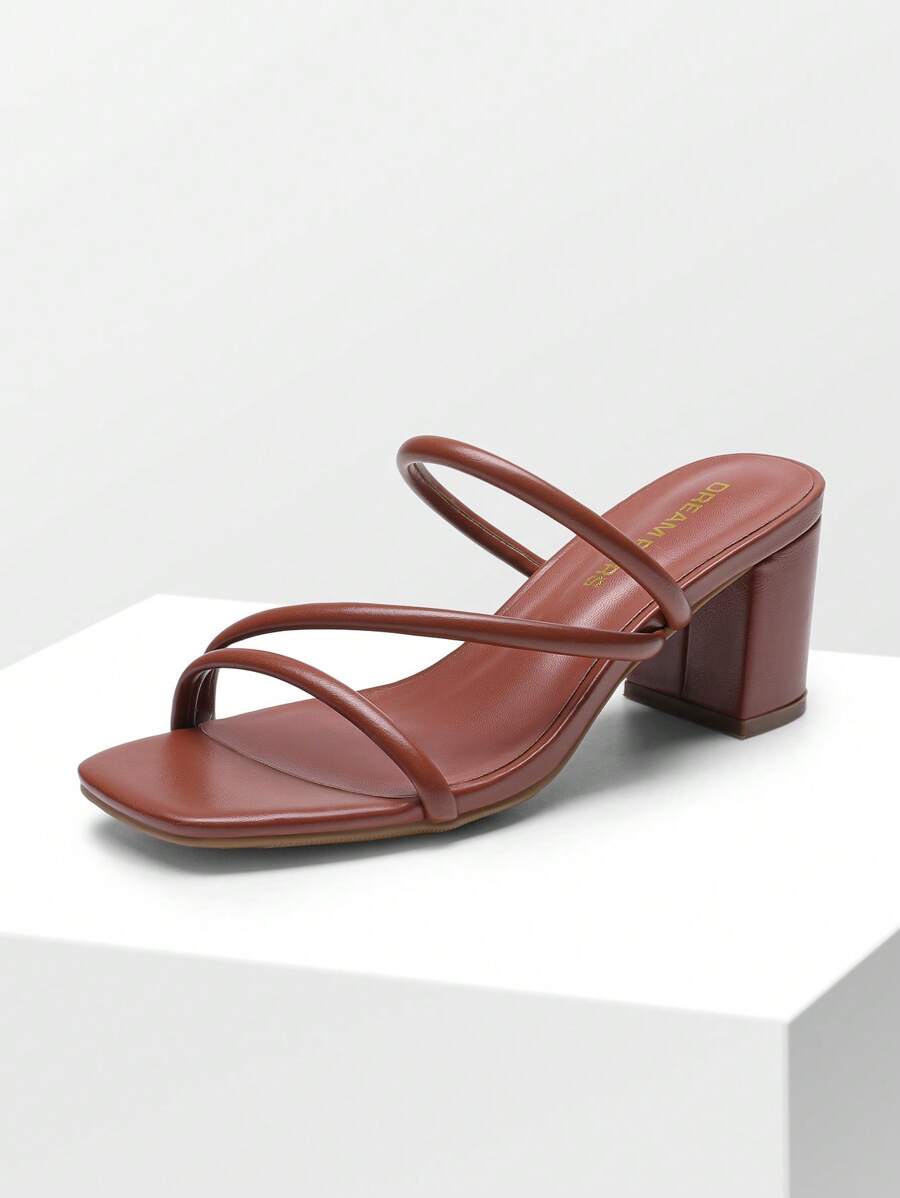 Women Minimalist Chunky Heeled Mule Sandals Multi Strap Square Toe Slip On Comfortable Summer Sandals - 棕色 - 查看 1