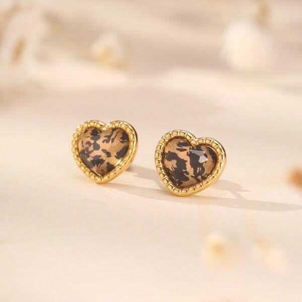 1 Par de Brincos de Botão Coração Vintage Onça Marrom, Jóias Elegantes para Festa, Presente Doce para Namorada