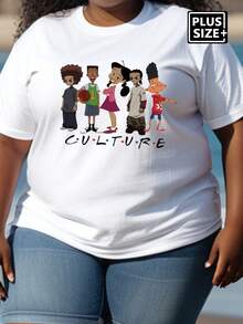 Plus Size Cartoon Character Casual Digital Print Women T-Shirts