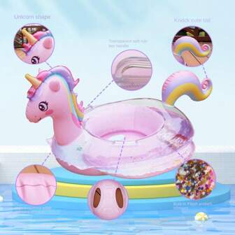 1 件粉色充气独角兽游泳圈、PVC 充气游艇、可爱亮片充气彩虹马游泳浮圈