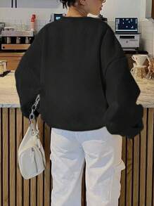 粉色蝴蝶结印花黑色运动衫，春季女士街头家居优雅柔和图案连帽衫，长袖圆领休闲上衣 - 黑色 - 查看 6