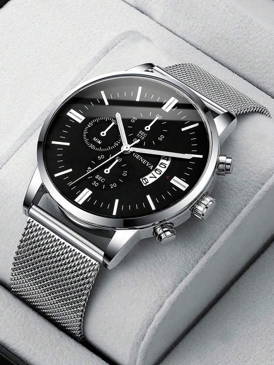 1 件装休闲男士石英表，简约圆形表盘，金属网状表带，男士最佳礼物，适合假日和日常佩戴