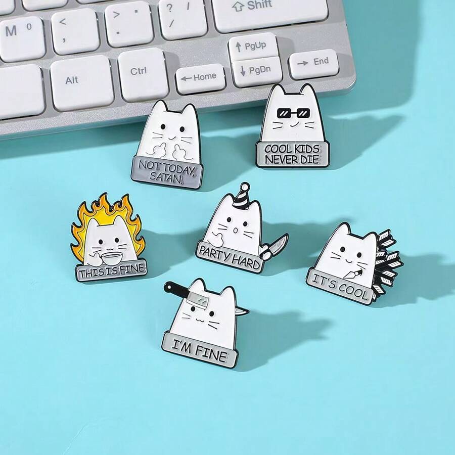 1-6 件套可爱白猫图案趣味胸针金属徽章装饰别针连衣裙配饰衣服包包饰品学校办公室配饰衬衫夹克首饰万圣节衣服别针教师礼物服装配饰包包饰品圣诞节 - 白色 - 查看 1