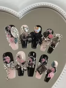 10pcs Set Handmade Coffin Shaped Nails With Rhinestones, Black & Pink Ombre Rose & Peony Flowers, Oversized Cubic Zirconia Accents - Ideal For Parties, Dates, Holidays Press On Nails