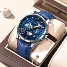 RUIG Relógio Casual Quartz Masculino RUIGE, Couro PU Multifuncional Cronógrafo, Exibição de Fase da Lua, Luz Noturna, Relógio Presente Masculino