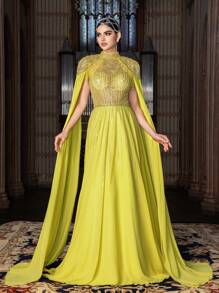 Faeriesty Abaya 华丽串珠晚礼服，雪纺披肩袖 | 适合黑色领带晚会的奢华礼服 - 黃色 - 查看 4