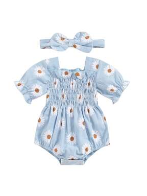 Conjunto de 2 piezas de verano para niña, mono fruncido con estampado de margaritas de manga corta y diadema, ropa para recién nacida
