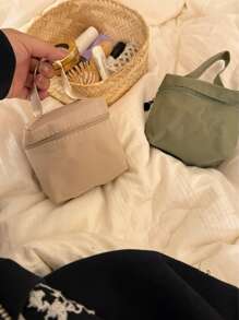 Solid Color Mini Square Cosmetic Bag, Simple & Elegant Nylon Zipper Makeup Bag, Washbag, Organizer For Home, Travel, Daily Use