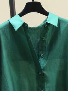 Women's Casual Versatile Solid Color Semi-Sheer Blouse - Green - View 3