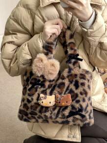 Sanrio Hello Kitty Plush Leopard Print Handbag, Y2K Baddie Cute Leopard Wallet, Minimalist Tote Bag For Outdoor, Retro Plush Commuter Bag, Bohemian Style, Easter, Mother's Day, Birthday Gift, Party Favor, Graduation Memento