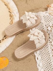 1 双女童花朵装饰轻便时尚户外沙滩拖鞋，简约设计，适合儿童夏季 - 杏色 - 查看 5