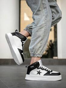 Men's Black & White Comfortable Thick Sole Shock-Absorbing High-Top Street-Style Casual Sports Shoes, Personalized Star Print Leather Upper Splicing High-End Minimalist Outdoor Non-Slip Flat Shoes