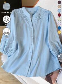 Women's Lightweight Semi-Sheer V-Neck Unstructured Embroidered Blouse, Spring/Summer