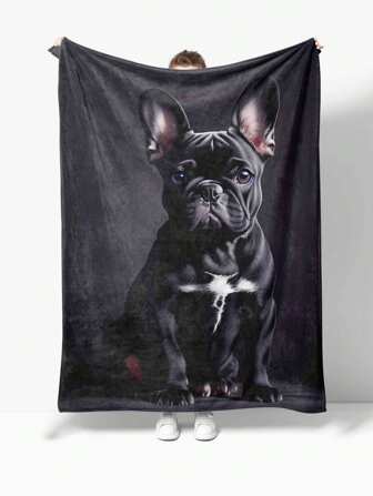 1pc French Bulldog Printed Flannel Wool Blanket, Machine Washable, Digital Printing, Stain Resistant, Suitable For All Seasons, Multi-Purpose For Office, Outdoor, Travel, Gift, Can Be Used For Living Room, Sofa, Bed Or Travel Decor, A Great Gift For Family And Friends