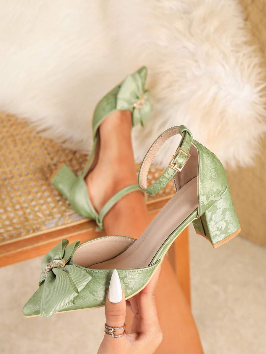 Fall/Winter New Fashion Women Pointed Toe High Heel Shoes Green Bow Hollow Out Thick Heel Pumps,Elegant