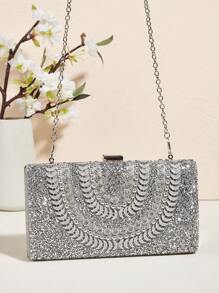 Handcrafted Glitter Rhinestone Embedded Evening Clutch Bag, Party Bag, Cosmetic Bag, Shoulder Strap Crossbody Chain Bag, Fashion Handbag, Prom Bag For Party - Silver - View 5