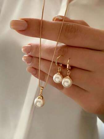3 pièces Set de collier et boucles d'oreilles de perles, design simple et élégant pour les femmes au quotidien, pour les fêtes et les occasions festives